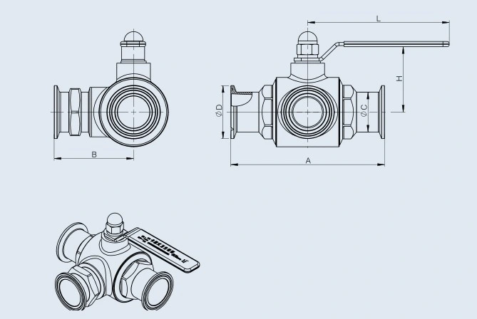 Sanitary Stainless Steel SS304/SS316L Clamped Three-Way (Square) Ball Valve & Globe Valve